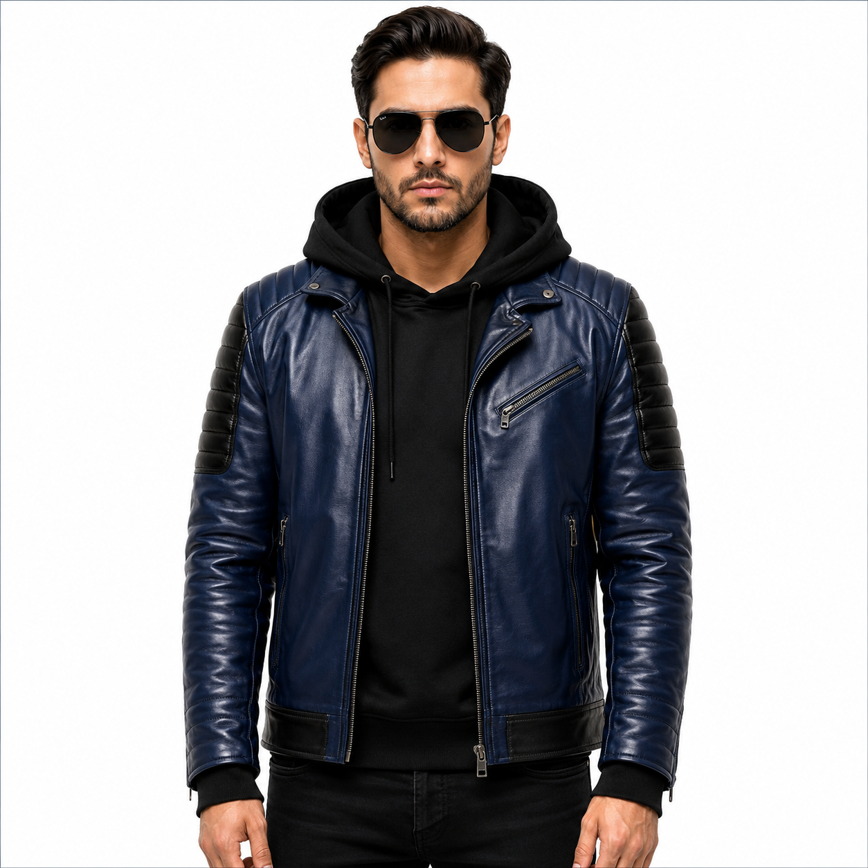 Men's navy blue hooded leather biker jacket