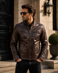 Men's Standing Collar Biker Leather Jacket