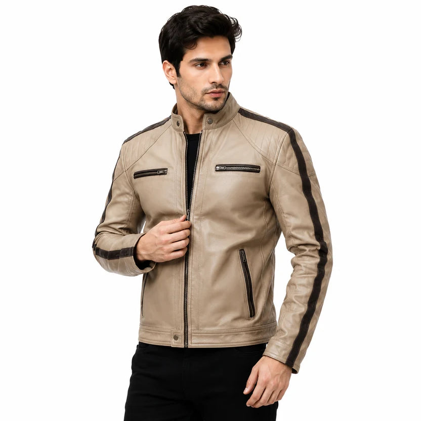 Men's Beige and Brown Stripe Cafe Racer Leather Jacket with Stand Collar