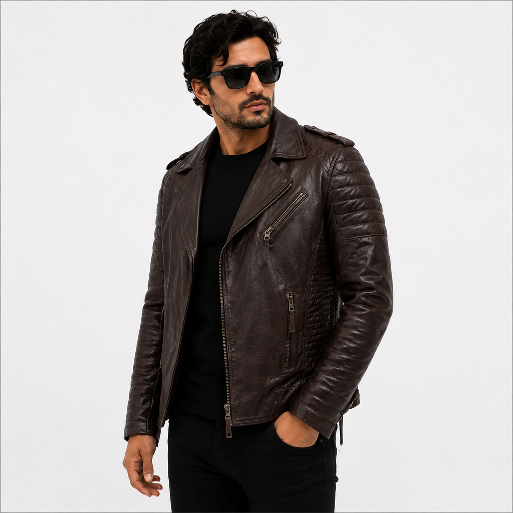 Men's Dark Brown Distressed Asymmetric Leather Biker Jacket