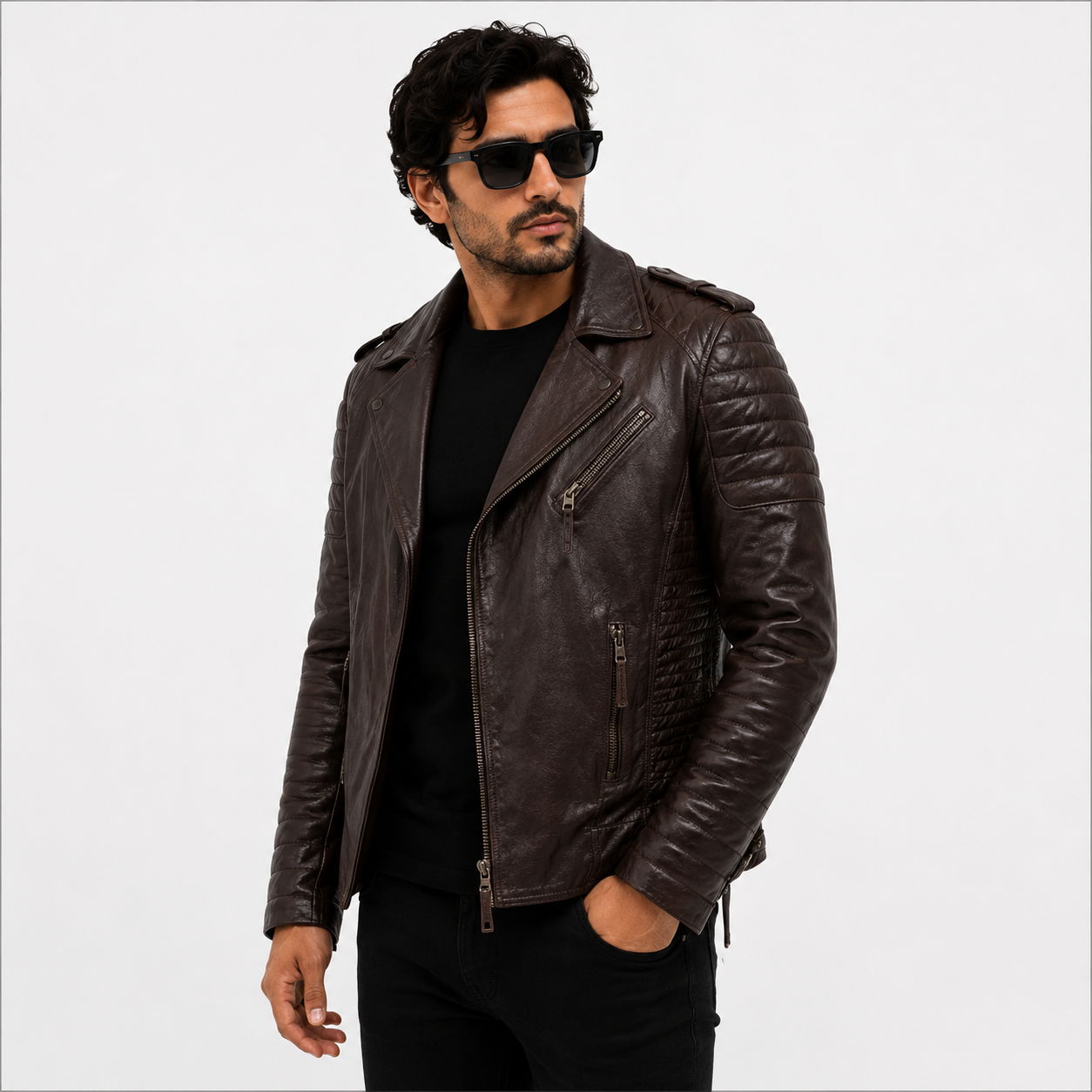 Men's Dark Brown Distressed Asymmetric Leather Biker Jacket
