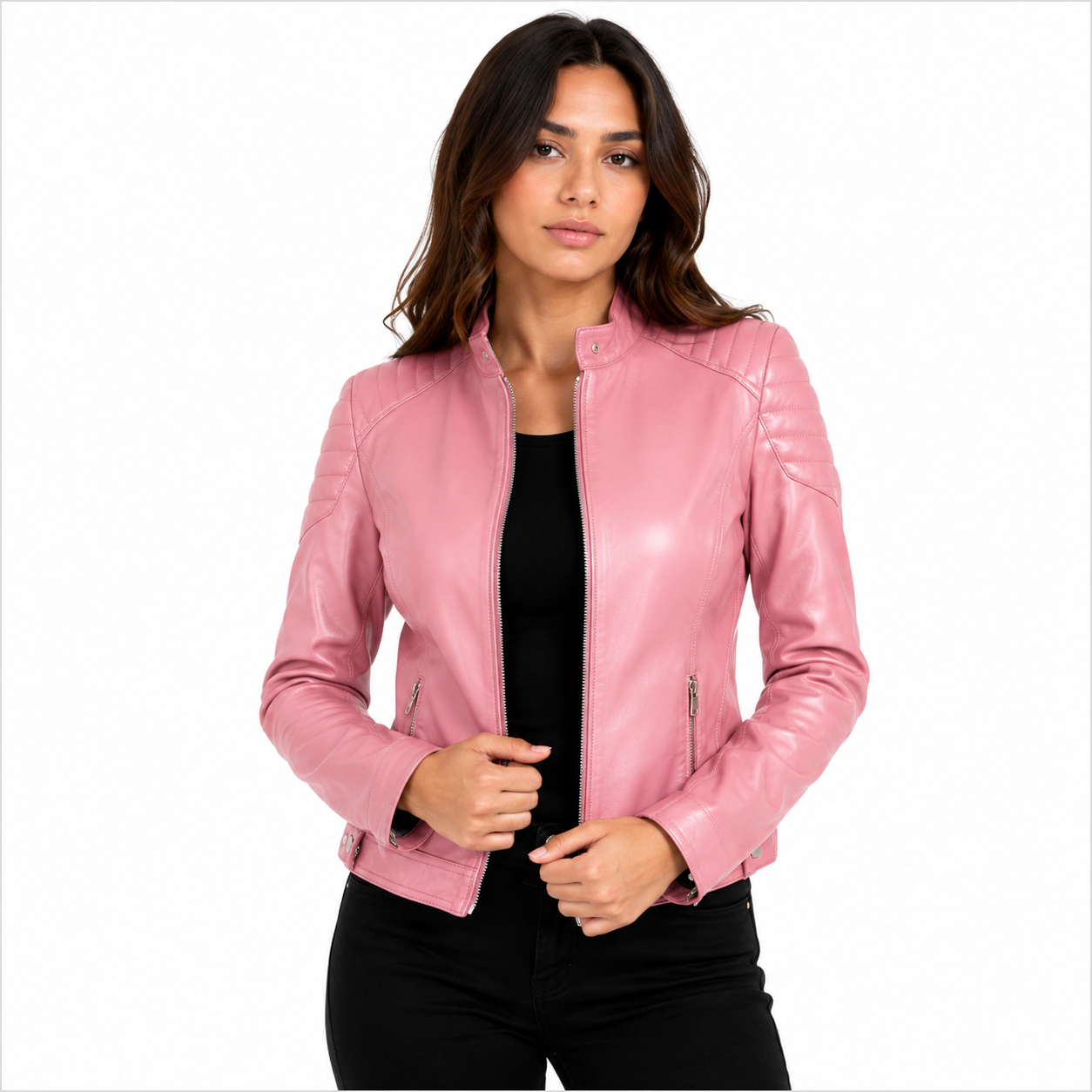 Women's Pastel Dusty Pink Cafe Racer Leather Biker Jacket