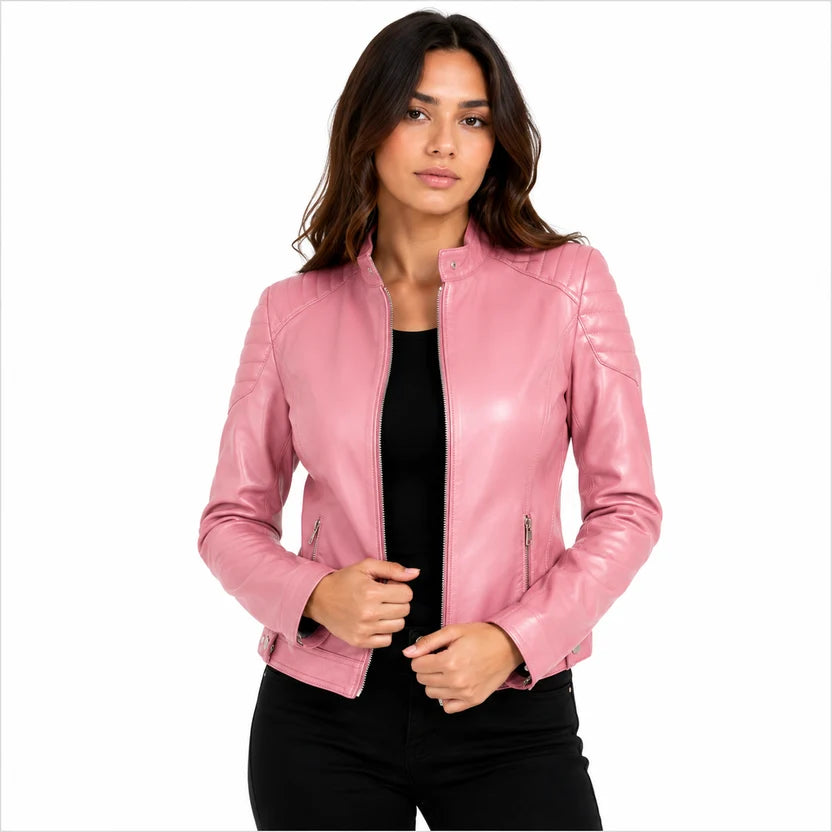 Women's Pink Genuine Leather Cafe Racer Jacket