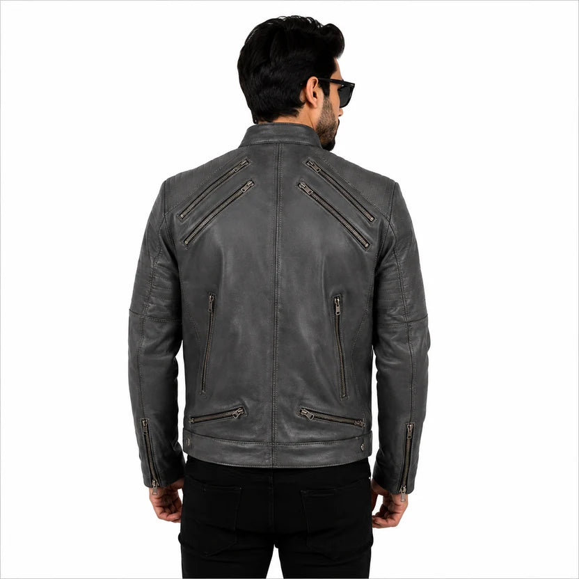 Men's Grey Distressed Leather Biker Jacket