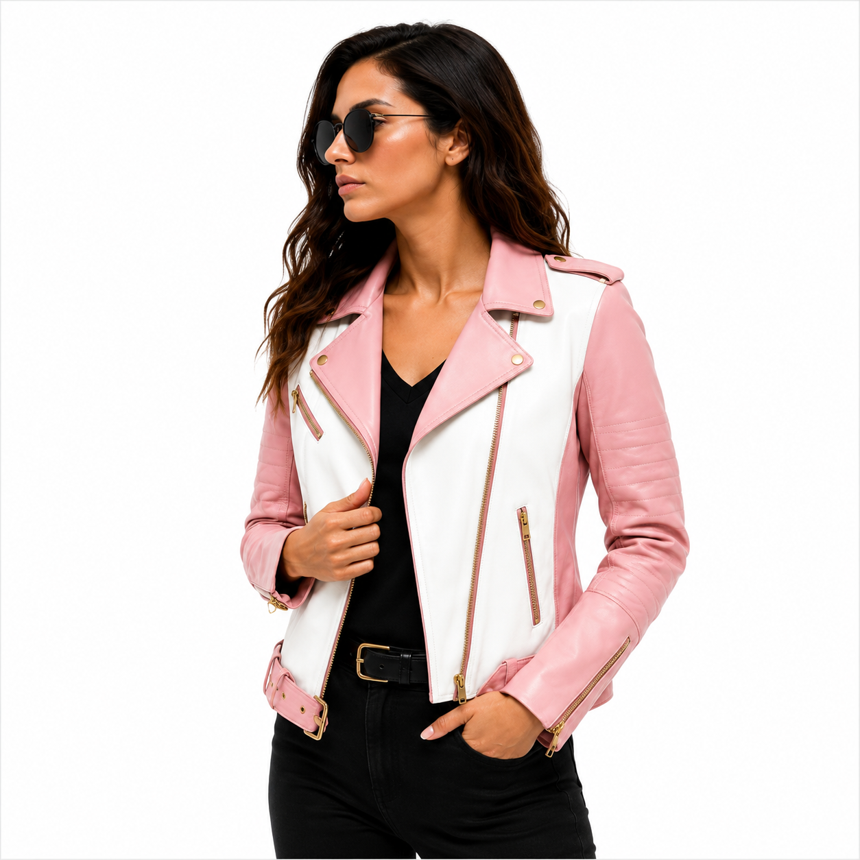 Women's Pink & White Biker Leather Jacket