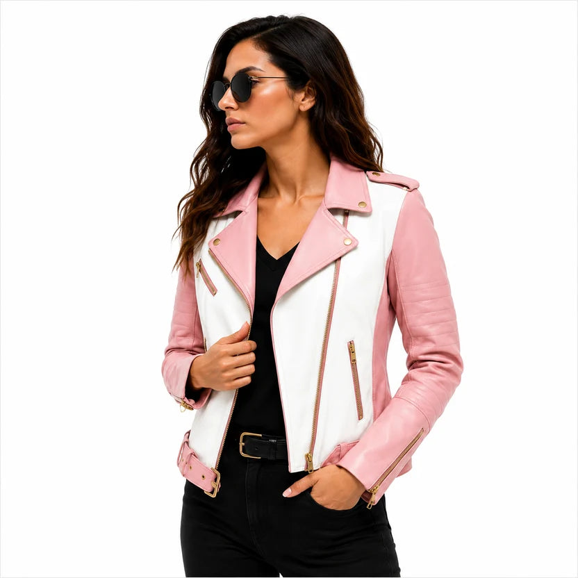 women's pink white real leather contrast moto jacket