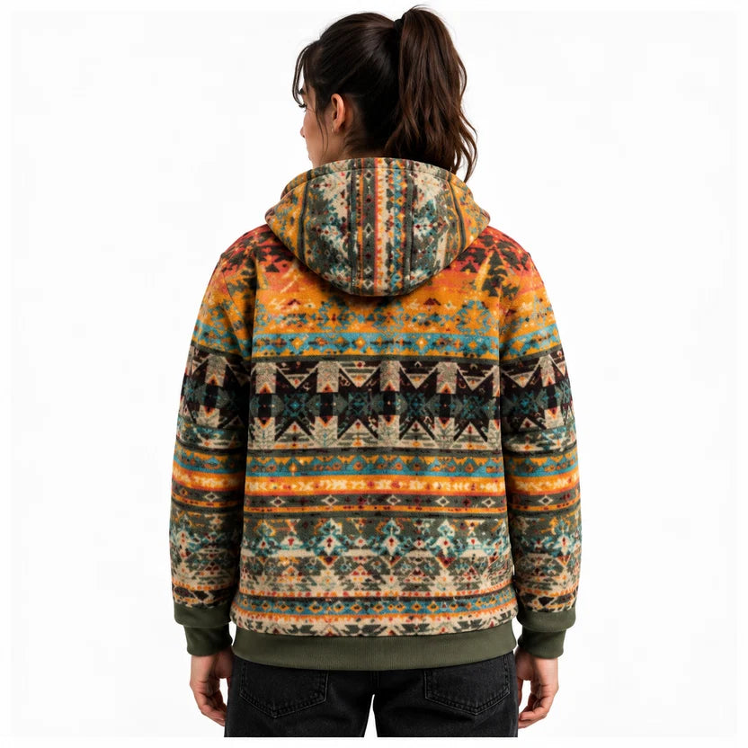 women's multicolor western aztec geometric print zip up hooded jacket