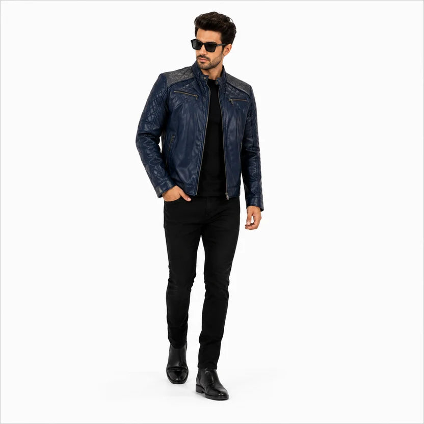 Men's Navy Blue Leather Jacket