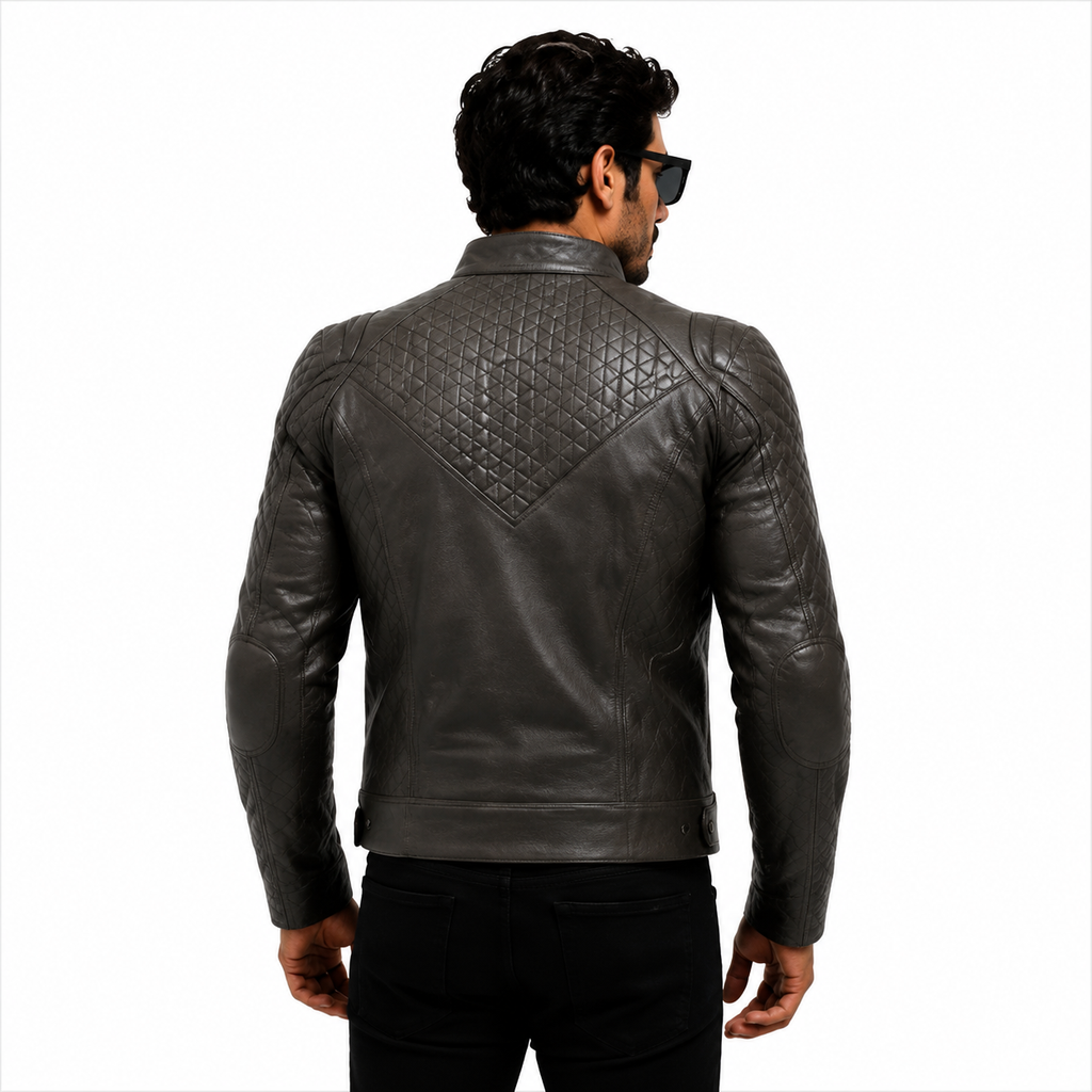 Men's Charcoal Gray Quilted Racer Leather Jacket