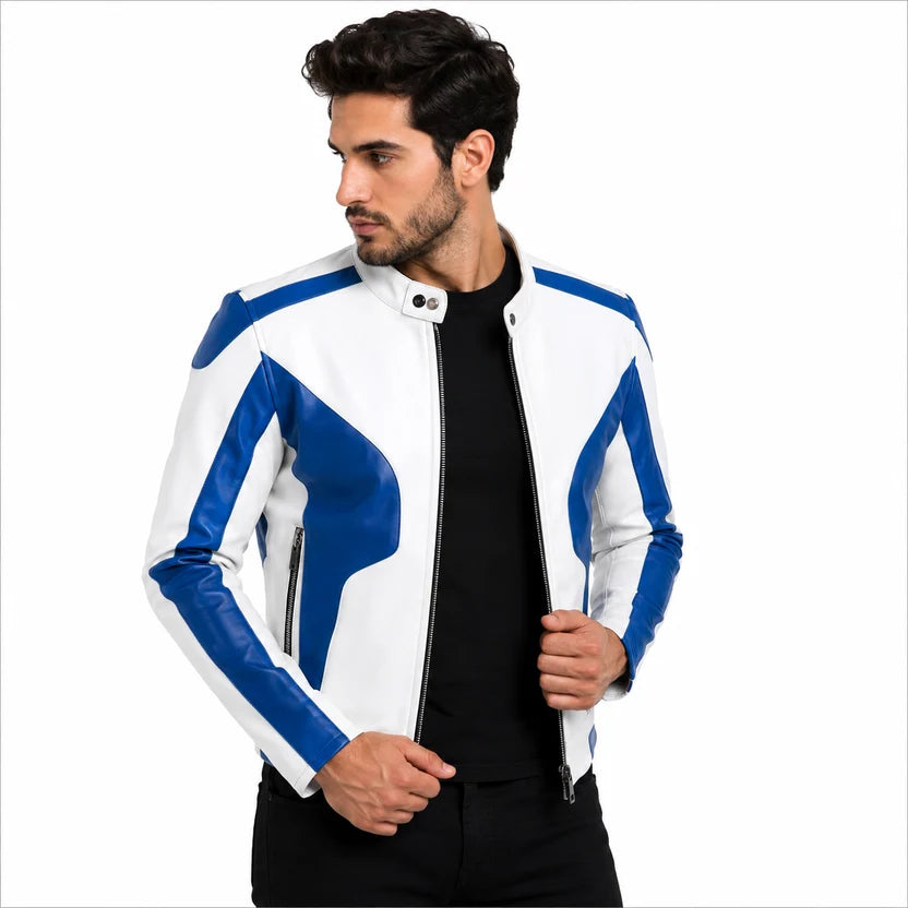 Men's White and Black Genuine Leather Biker Jacket
