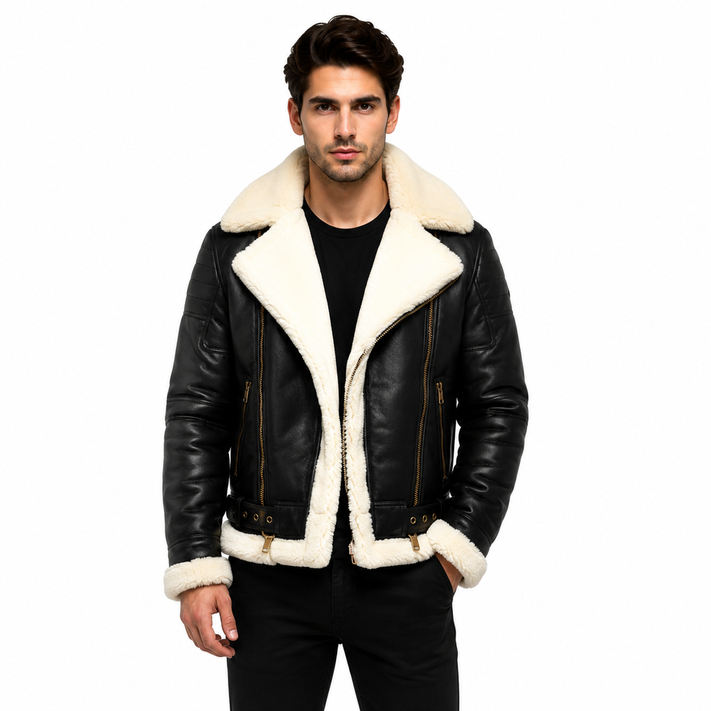 Men's Black Shearling Lined Genuine Leather B3 Bomber Jacket 