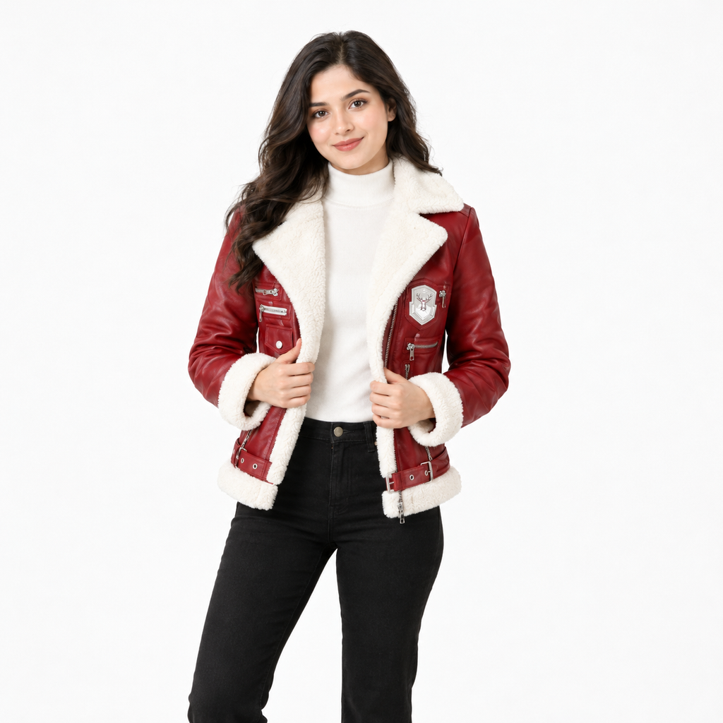 Christmas tree embroidery with star on women's red shearling leather jacket