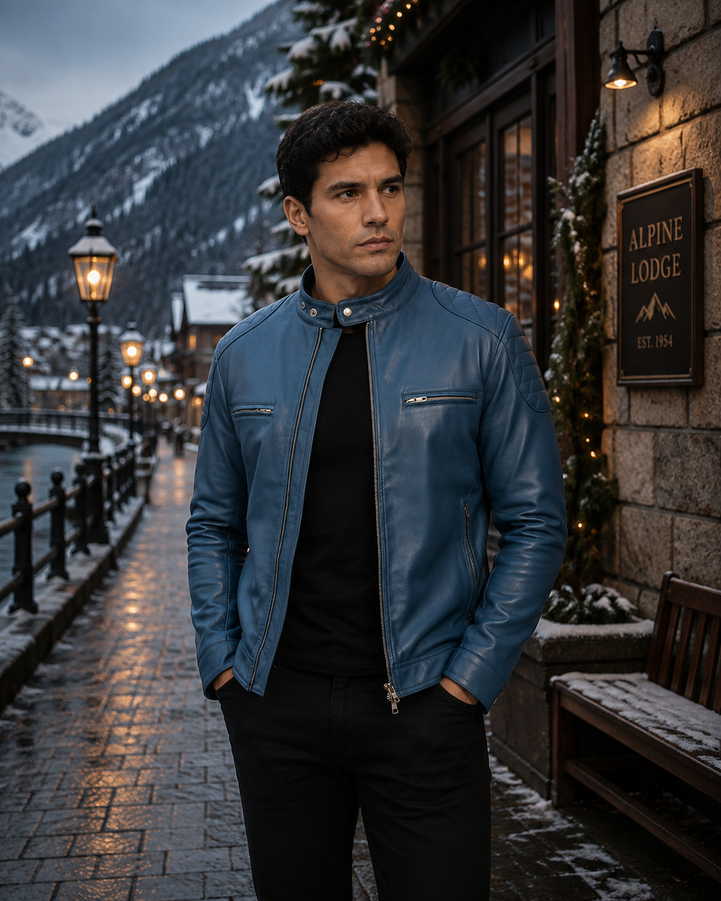 Men's Teal Blue Genuine Leather Cafe Racer Jacket
