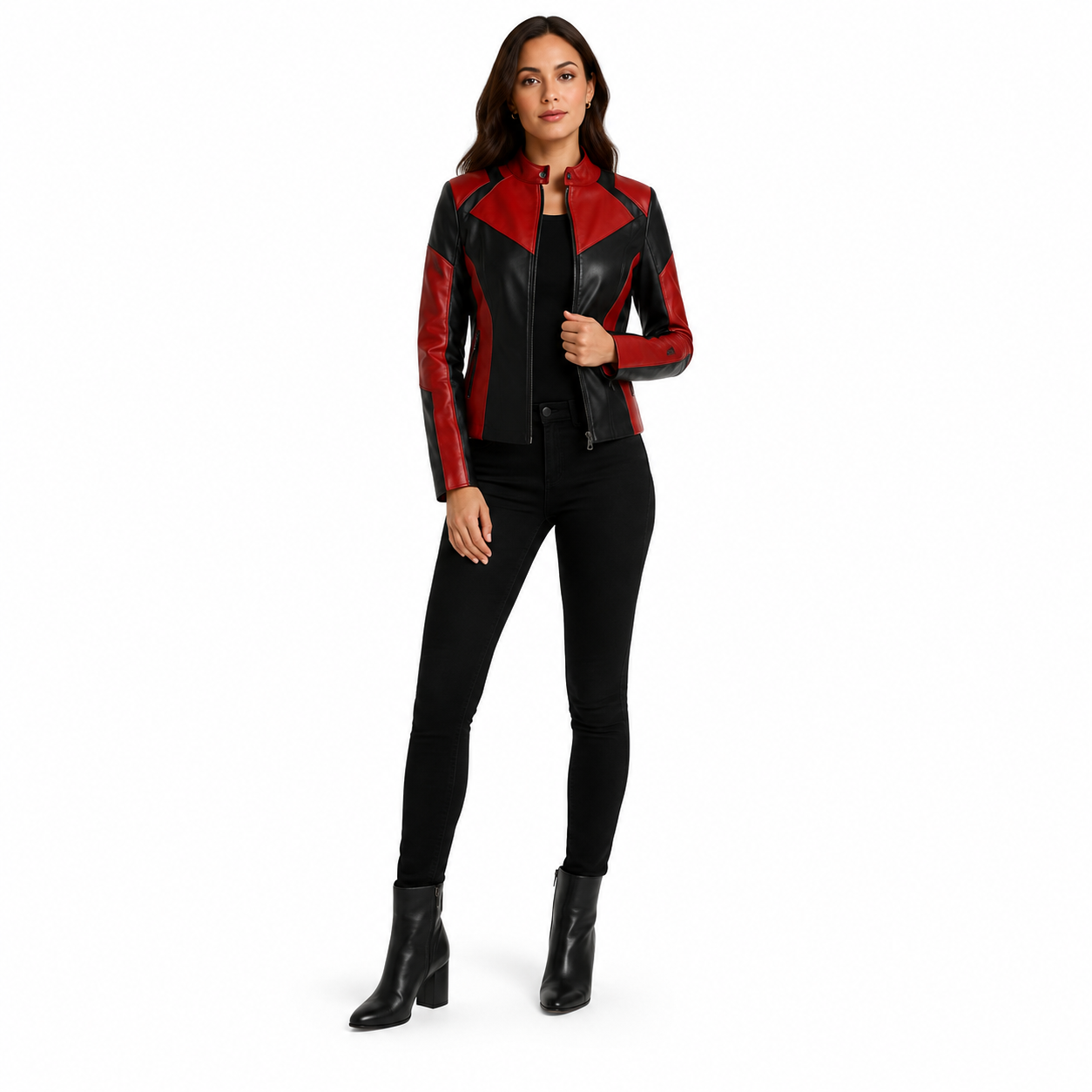 Women's Red and Black Two-Tone Cafe Racer Leather Jacket