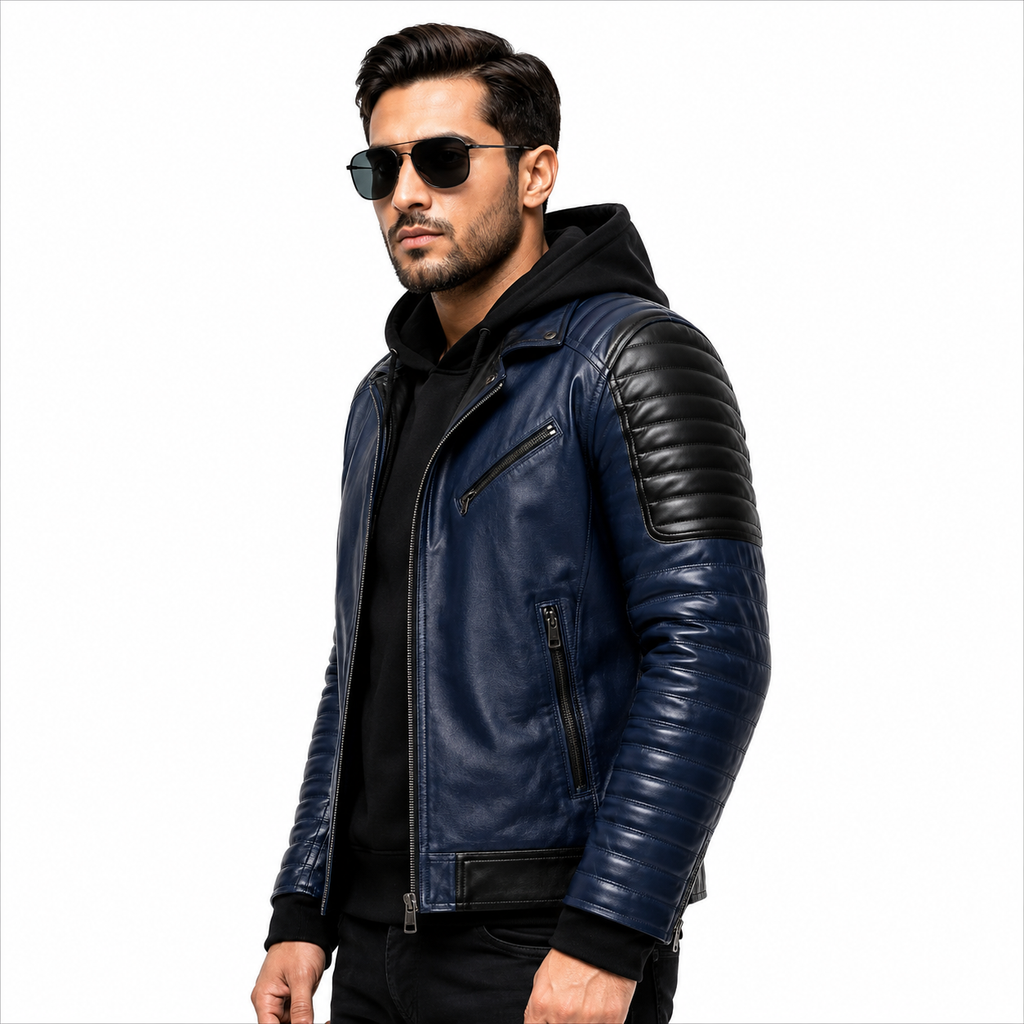 Men's navy blue hooded leather biker jacket