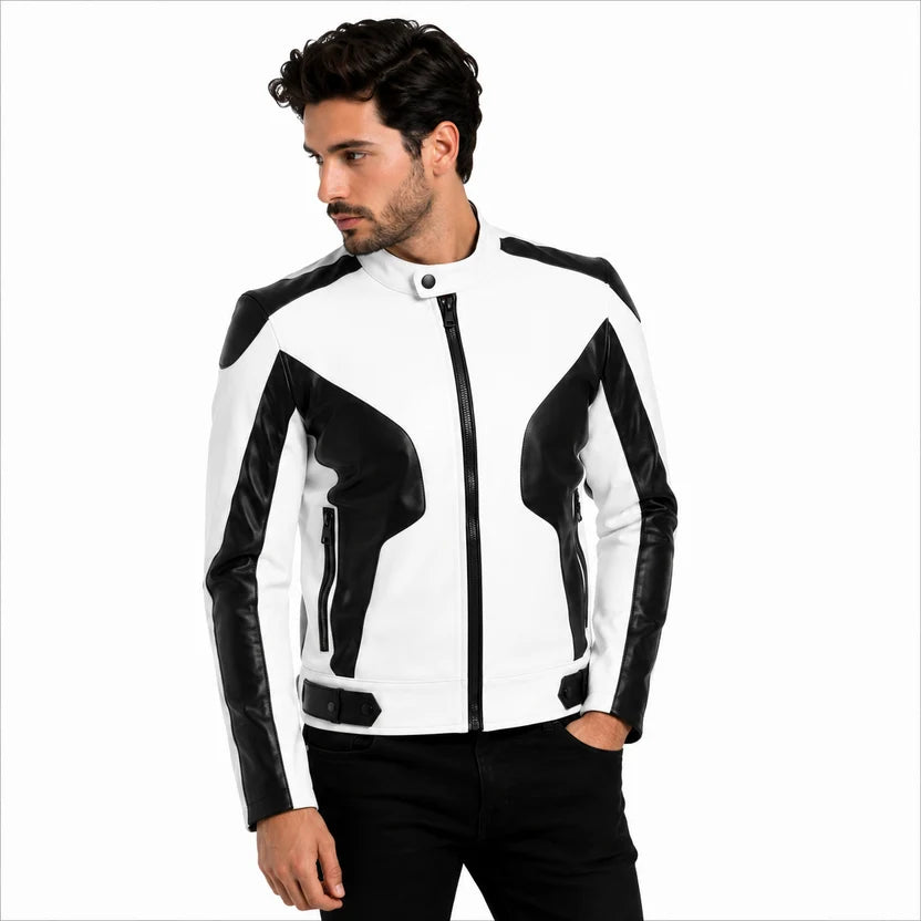 Men's White Black Armor Racer Leather Jacket