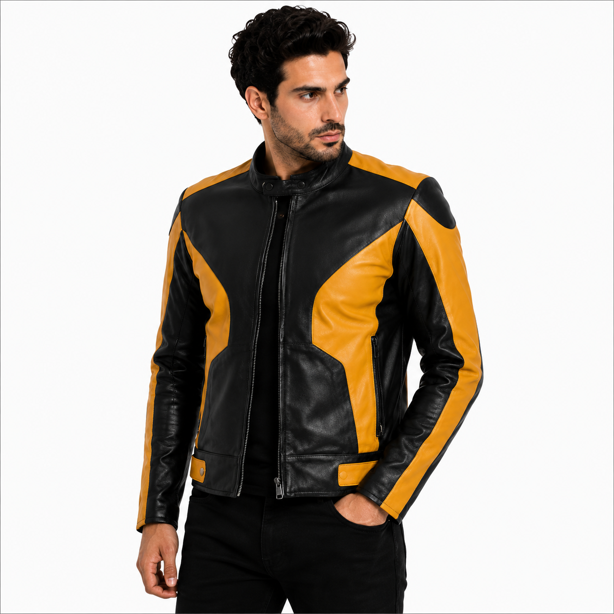 Men's Black & Yellow Genuine Leather Biker Jacket