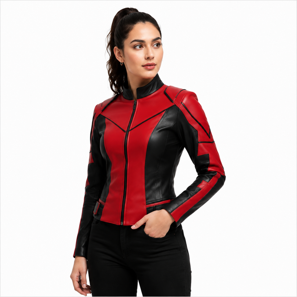 Women's Red Black Leather Moto Racer Jacket 