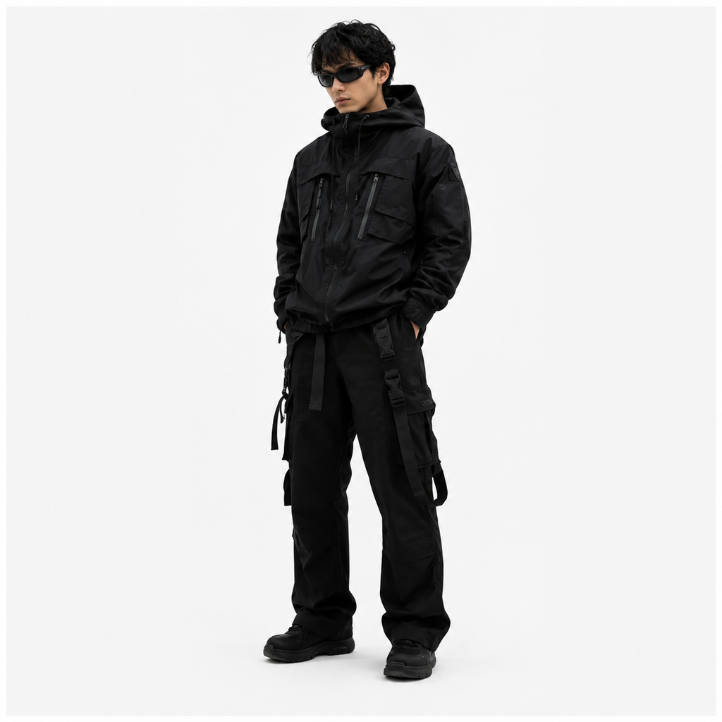 Men's Stealth Black Techwear Hooded Tactical Windbreaker