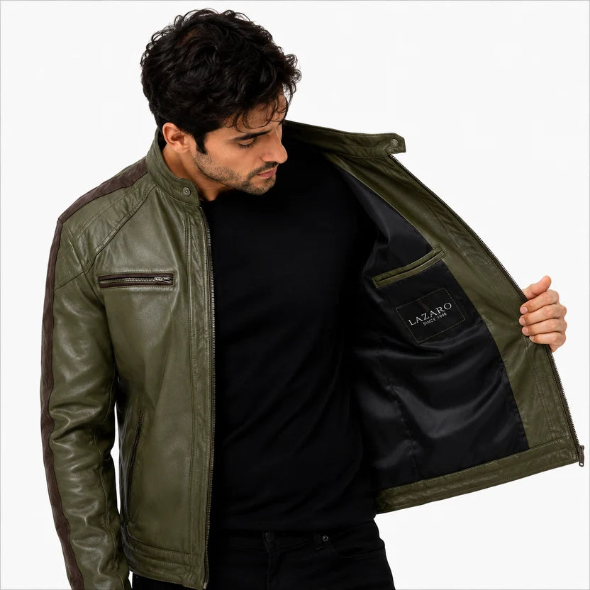 Men's Olive Green Brown Stripe Cafe Racer Leather Jacket
