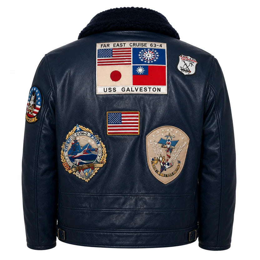 Men's Navy Leather Bomber Jacket