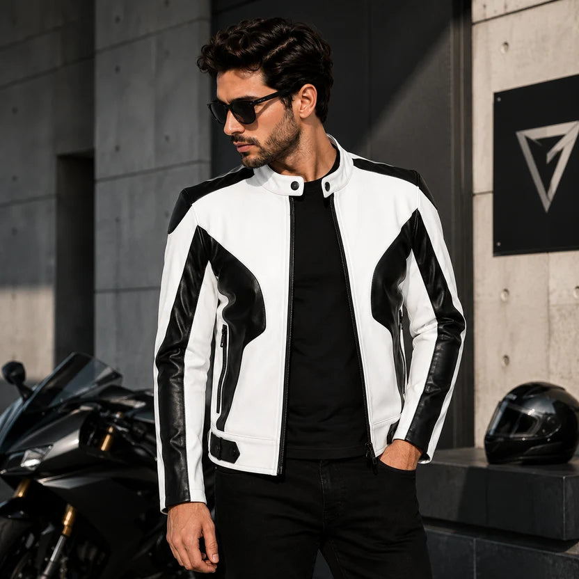 Men's White and Black Armor Panel Racer Leather Jacket with Stand Collar