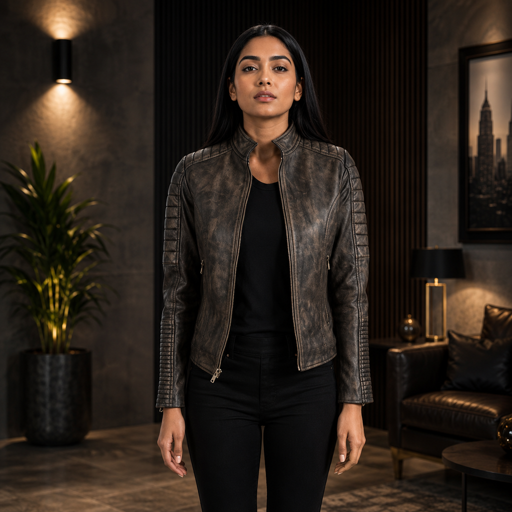 Adalyn Quilted Distressed Brown Leather Biker Jacket