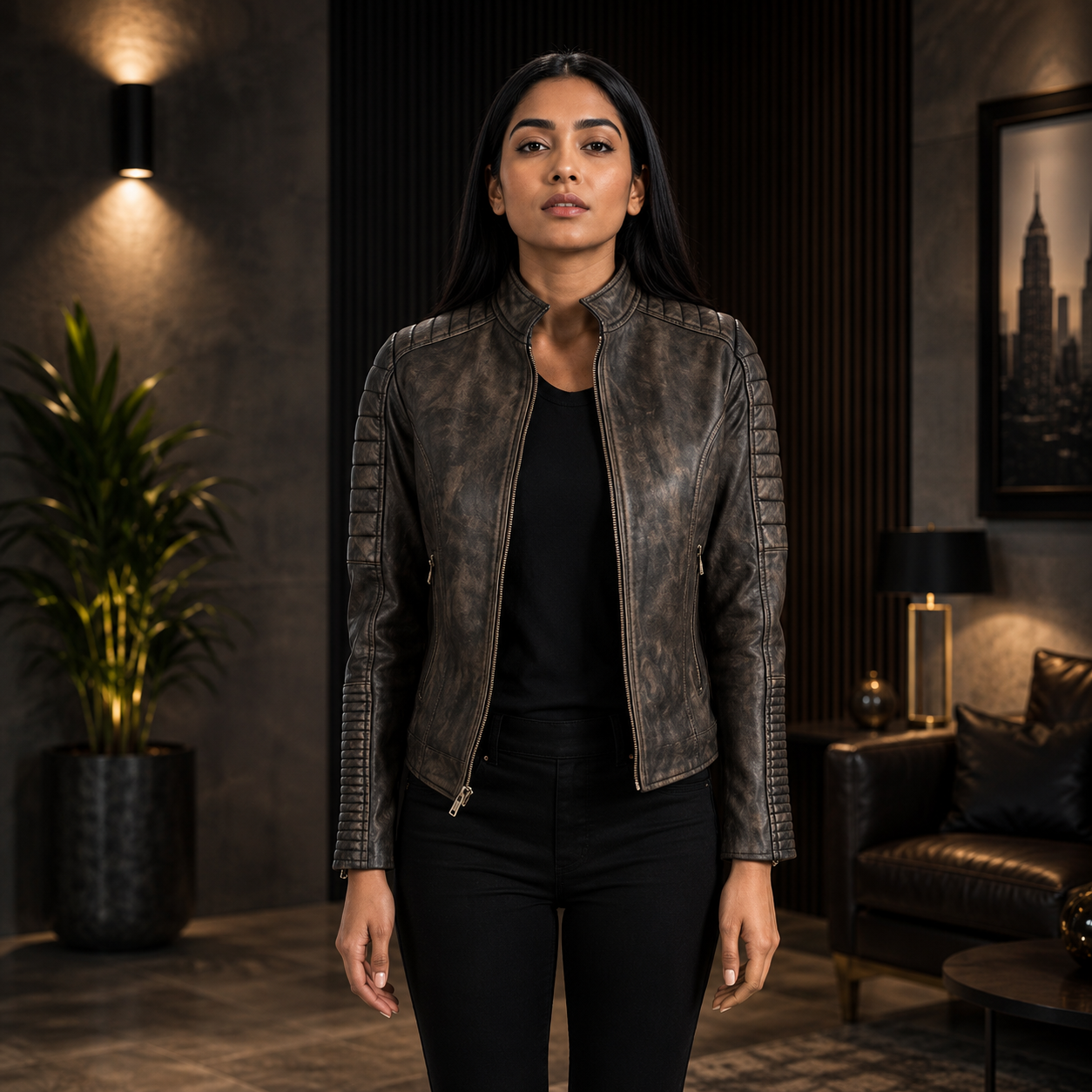 Adalyn Quilted Distressed Brown Leather Biker Jacket