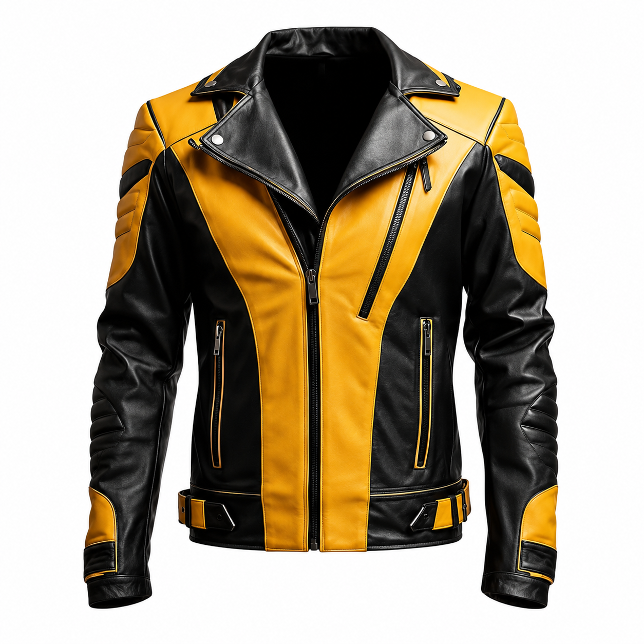Men's Yellow and Black Biker Leather Jacket with Asymmetric Zipper