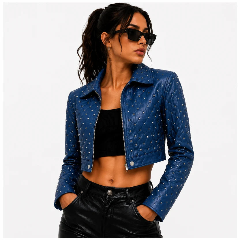 women's royal blue leather jacket