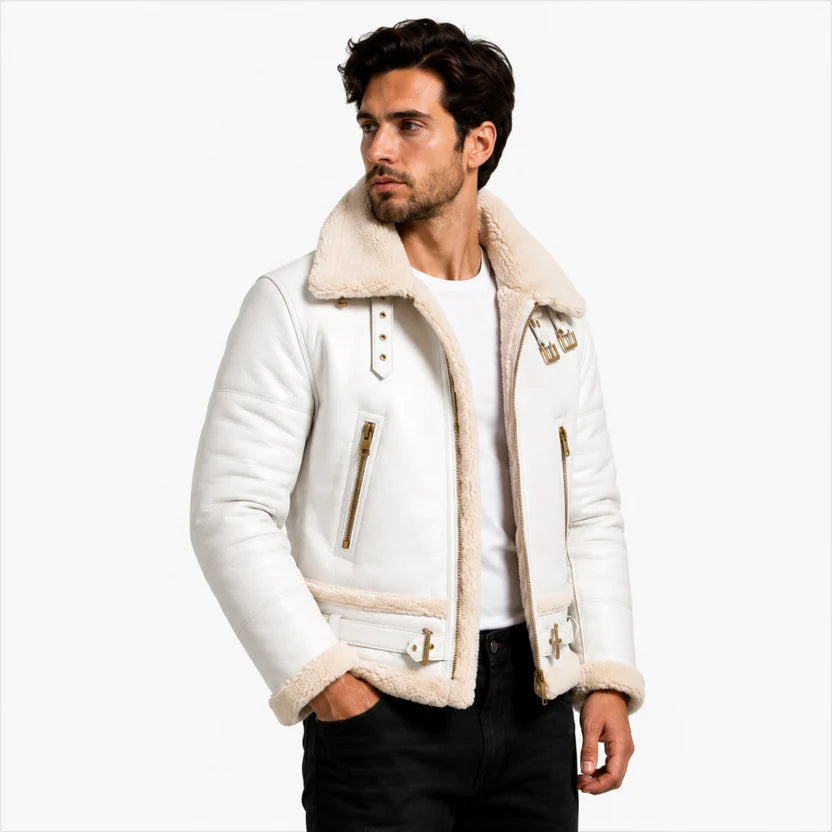 Men's White Leather Shearling Bomber Jacket