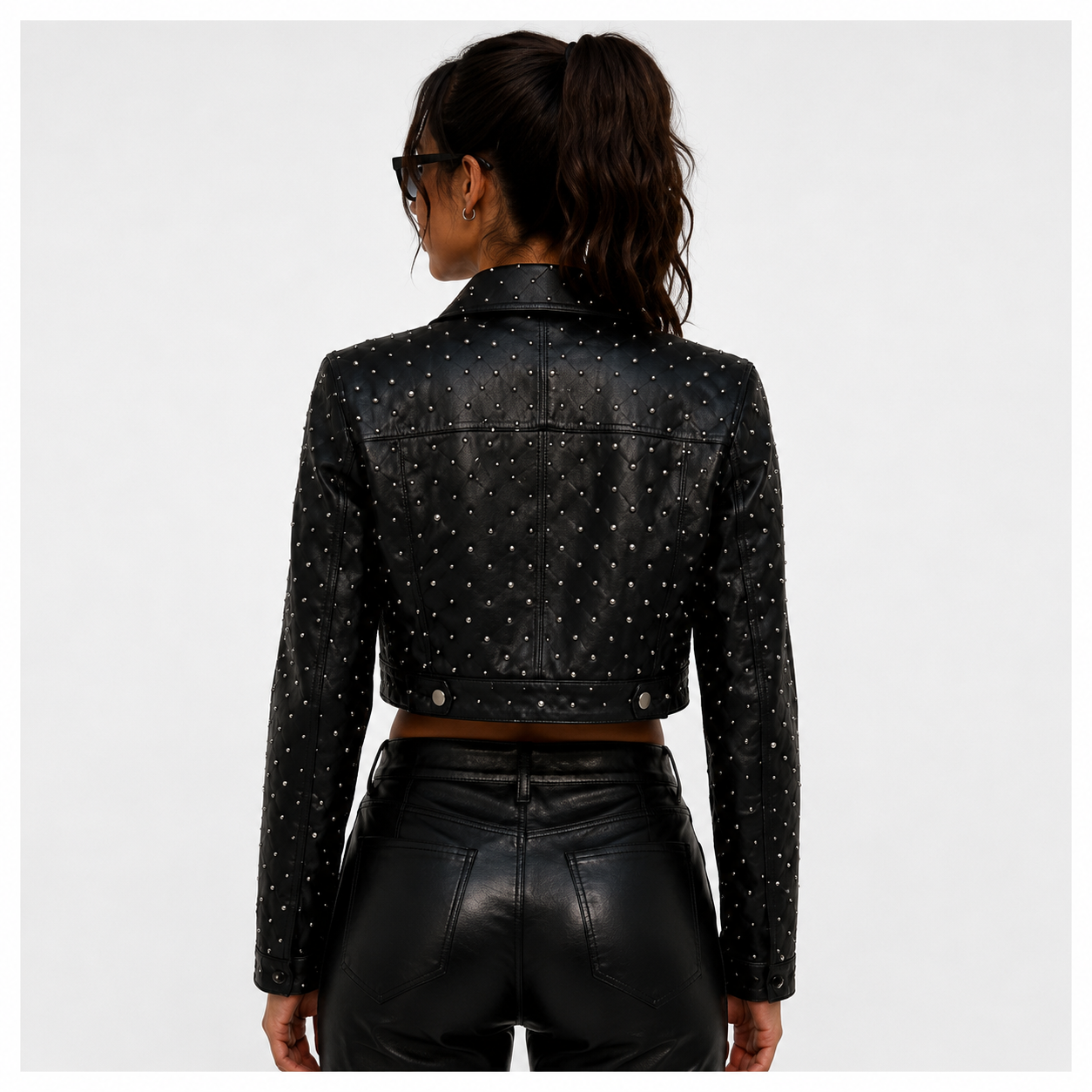 Women's Cropped Studded Leather Biker Jacket.