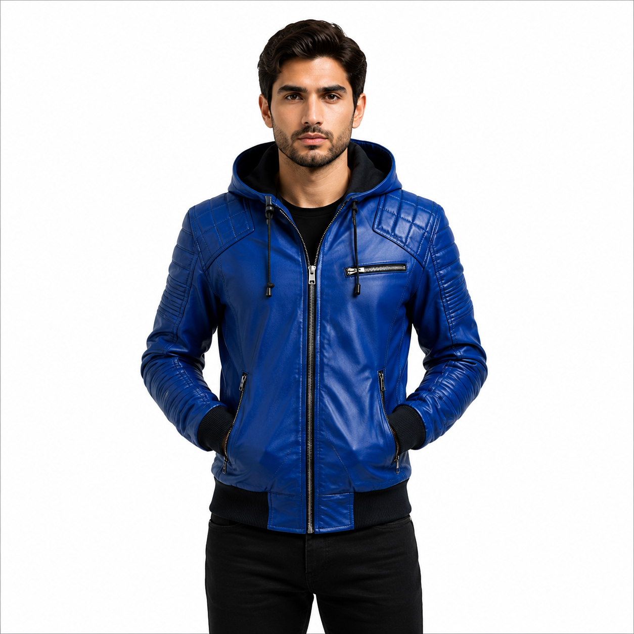 Men's Royal Blue Hooded Genuine Leather Jacket