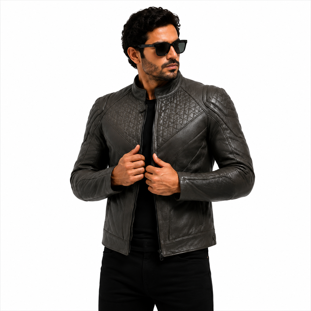 Men's Charcoal Gray Quilted Racer Leather Jacket