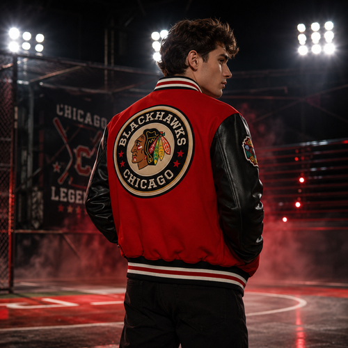 Chicago Blackhawks NHL Bomber Jacket Red Black Leather Sleeves
