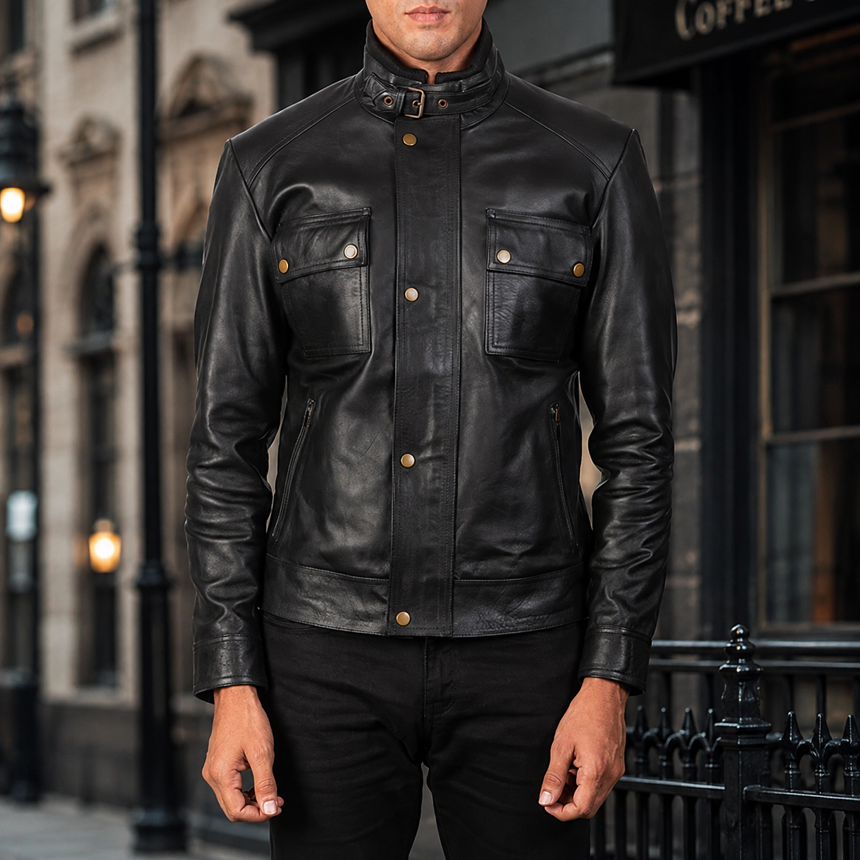 Black Leather Field Jacket with Snap Button Front
