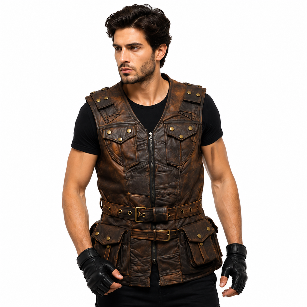 Distressed Leather Utility Vest Brass Buckles Detail