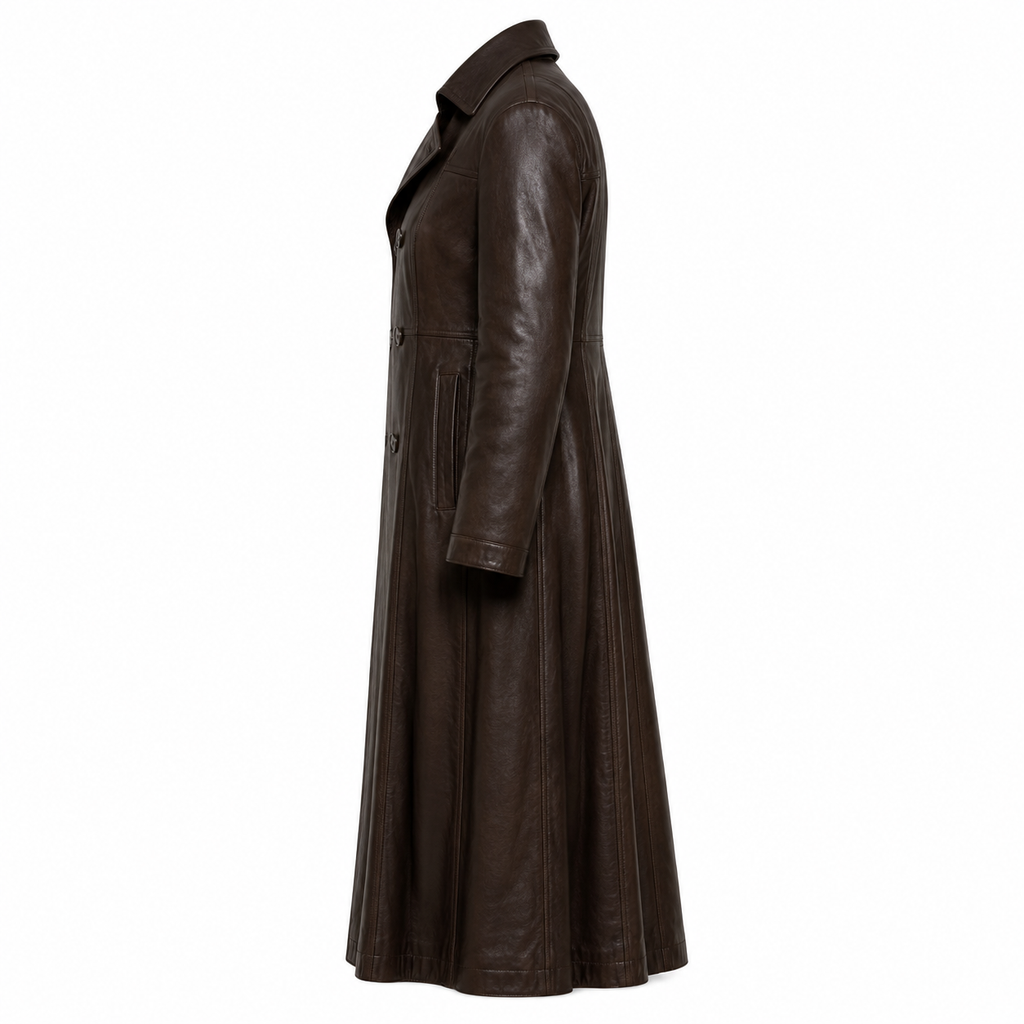 Full-Length Double-Breasted Leather Duster Trench Coat