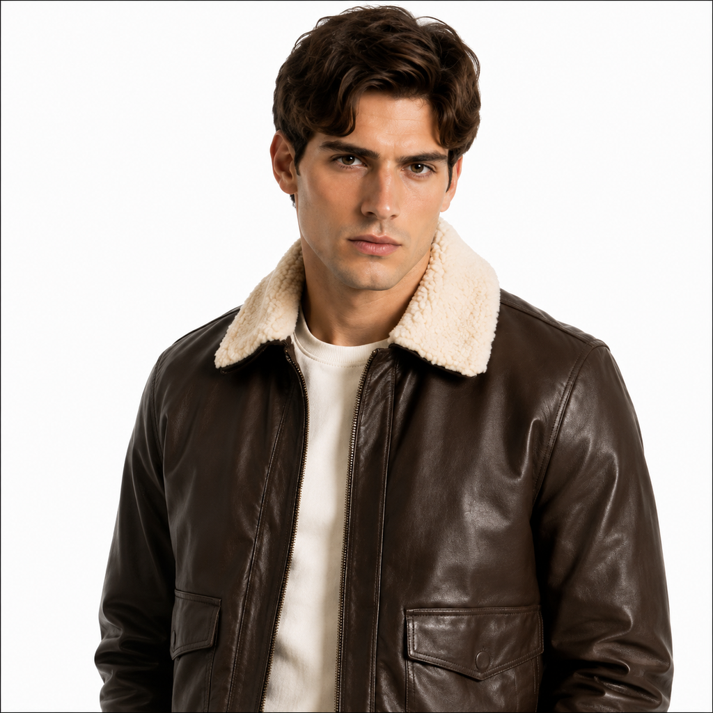 Mens Pilot Brown Bomber Shearling Leather Jacket