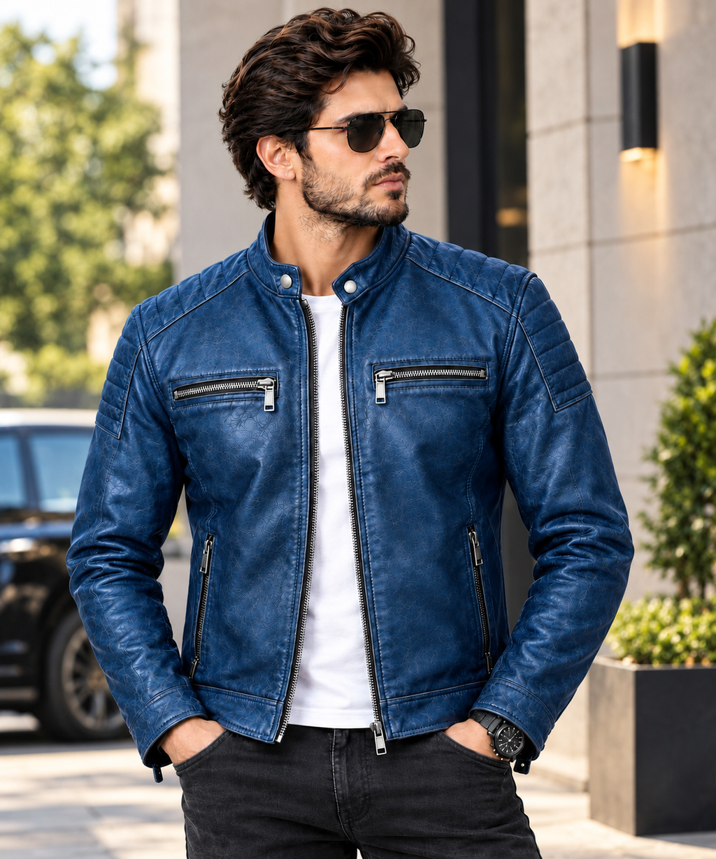 Men's blue leather biker jacket with quilted shoulders, silver zipper pockets, and a stylish slim fit design.