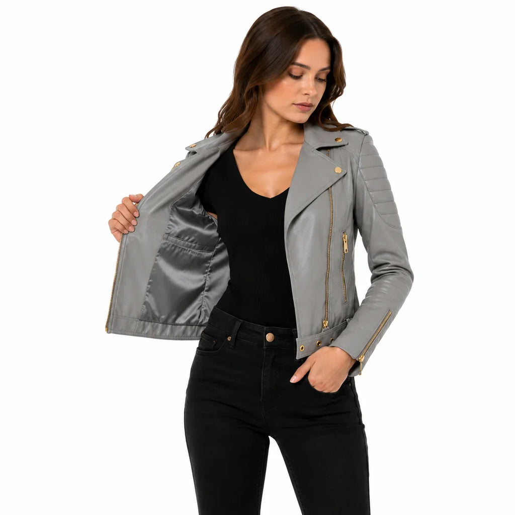 Women's Pink Genuine Leather Biker Jacket