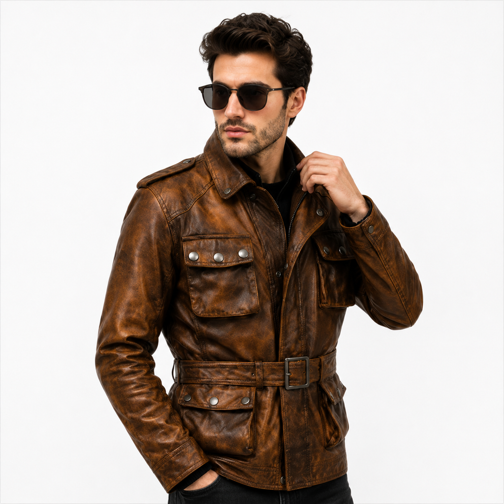 Men's Vintage Military Safari Leather Field Jacket