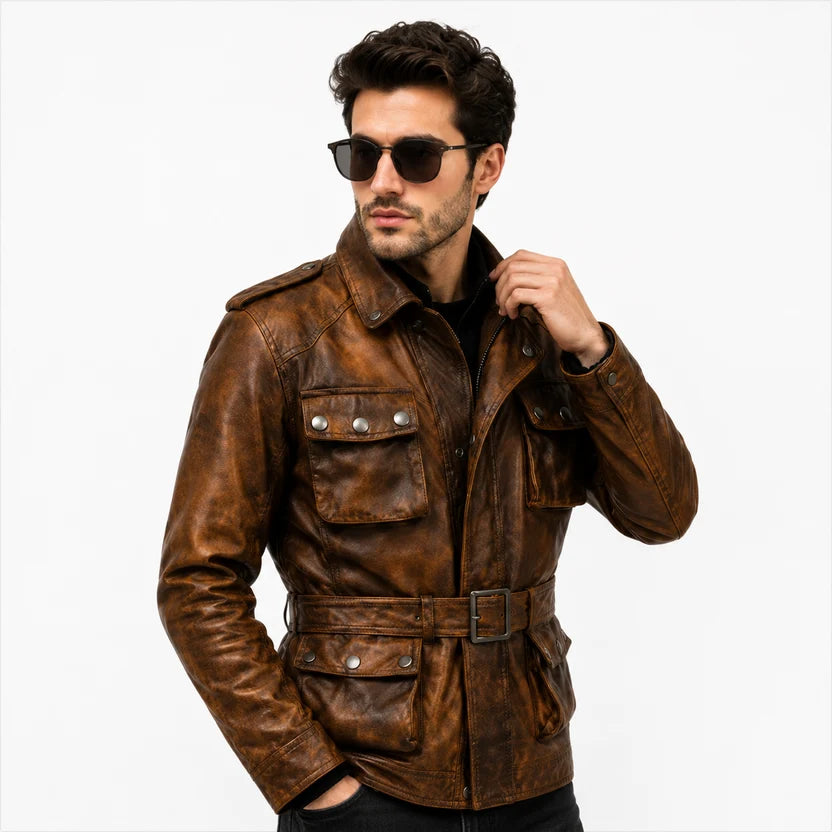 Men's Black Leather Military Field Jacket