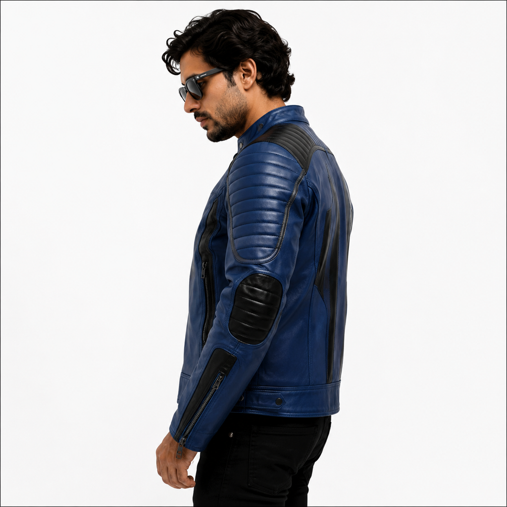 Men's Blue & Black Cafe Racer Leather Biker Jacket