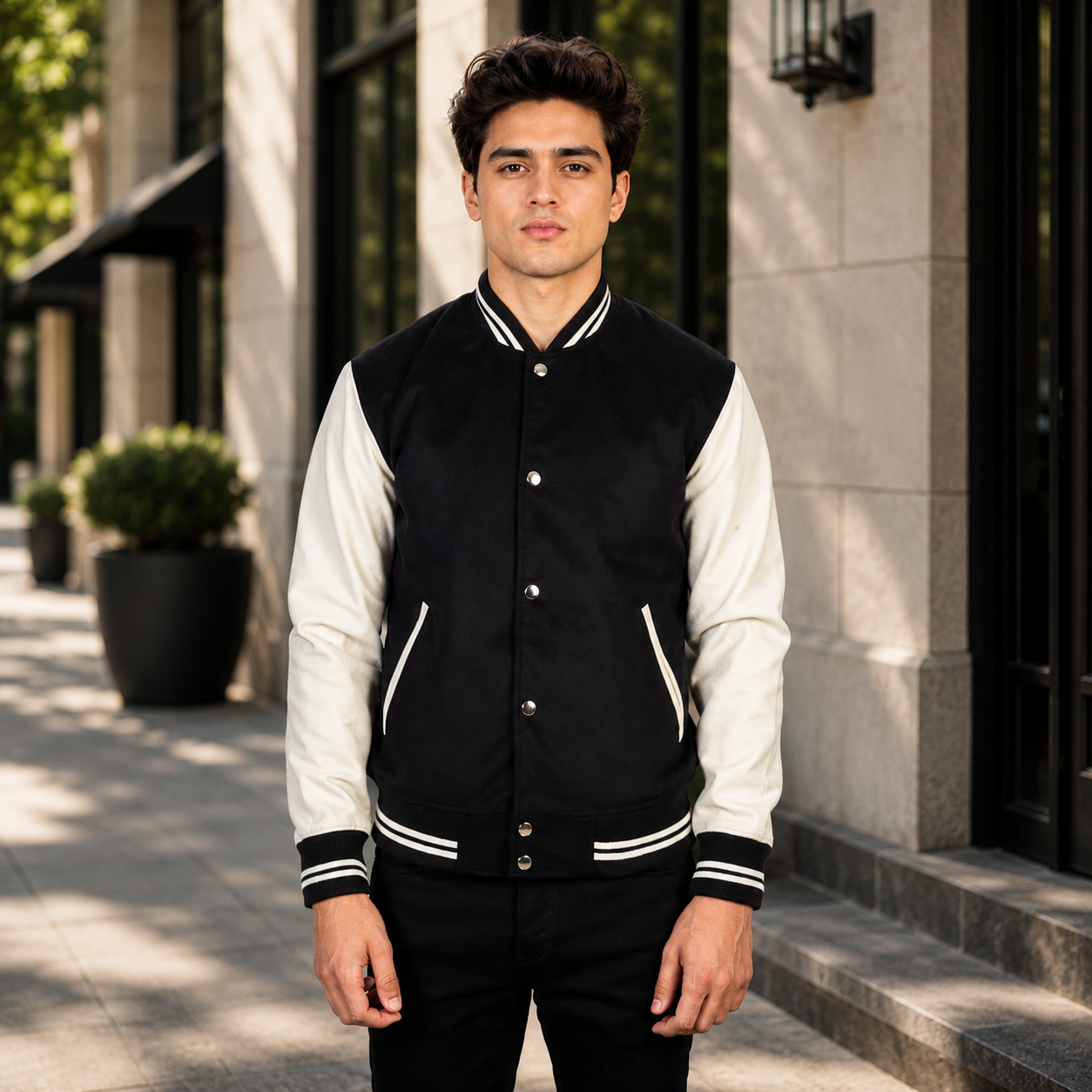 Vaxton Black & White Hybrid Varsity Jacket