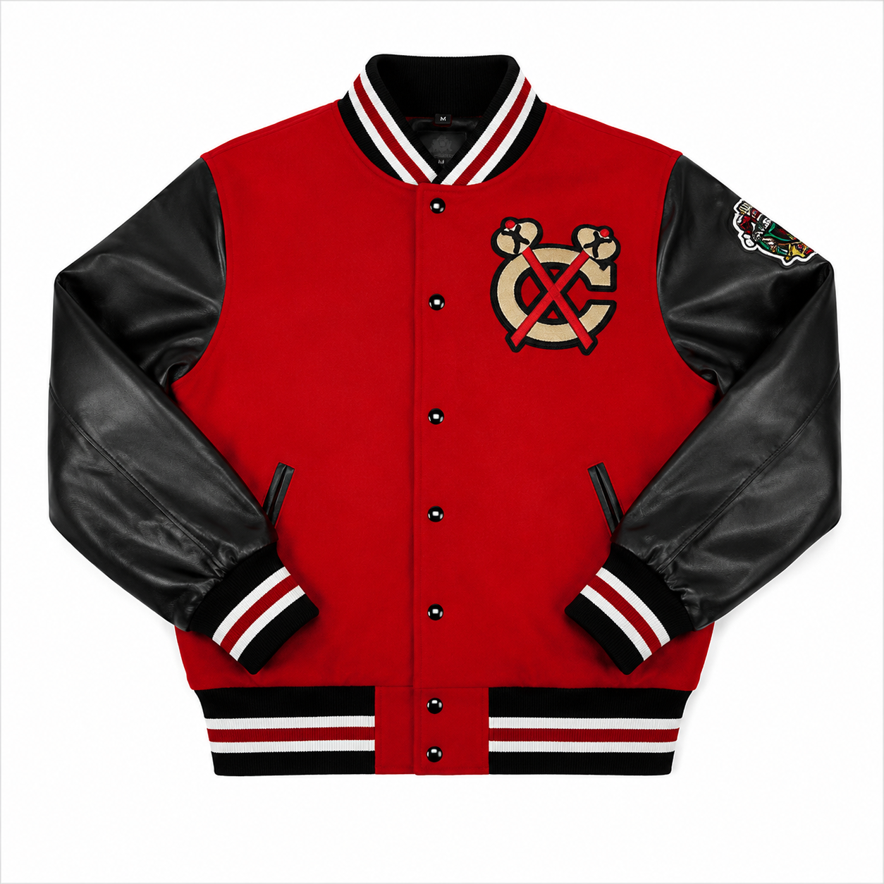 Back view of Chicago Blackhawks varsity jacket with embroidered logo