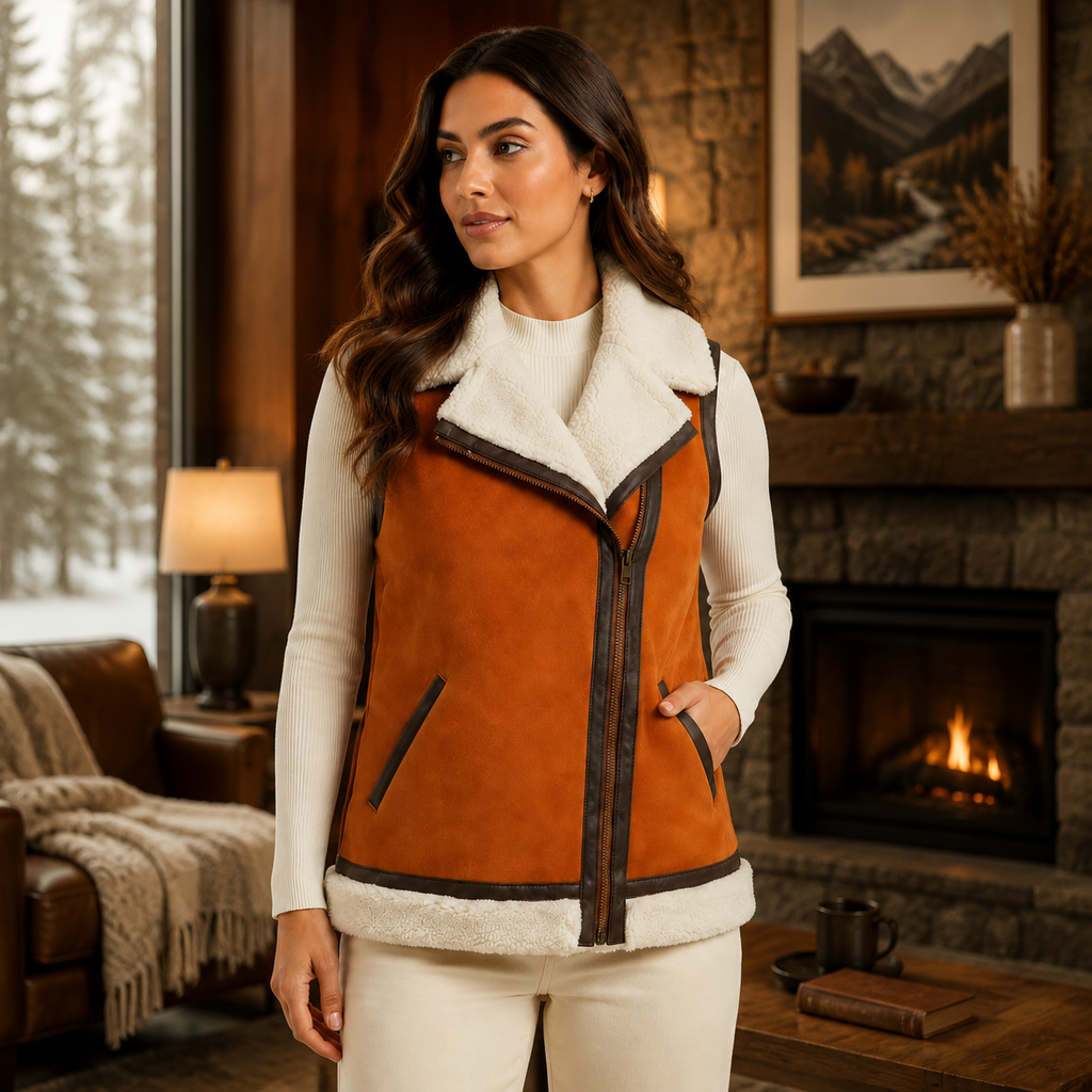 Women's Tan Shearling Leather Vest