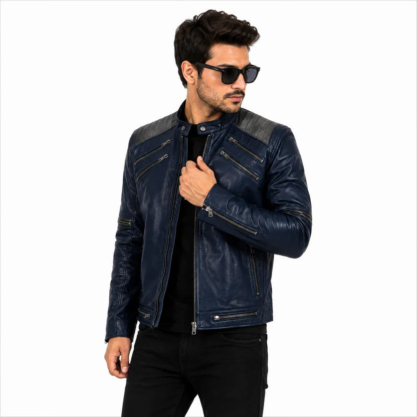 Navy Blue Genuine Leather Biker Jacket