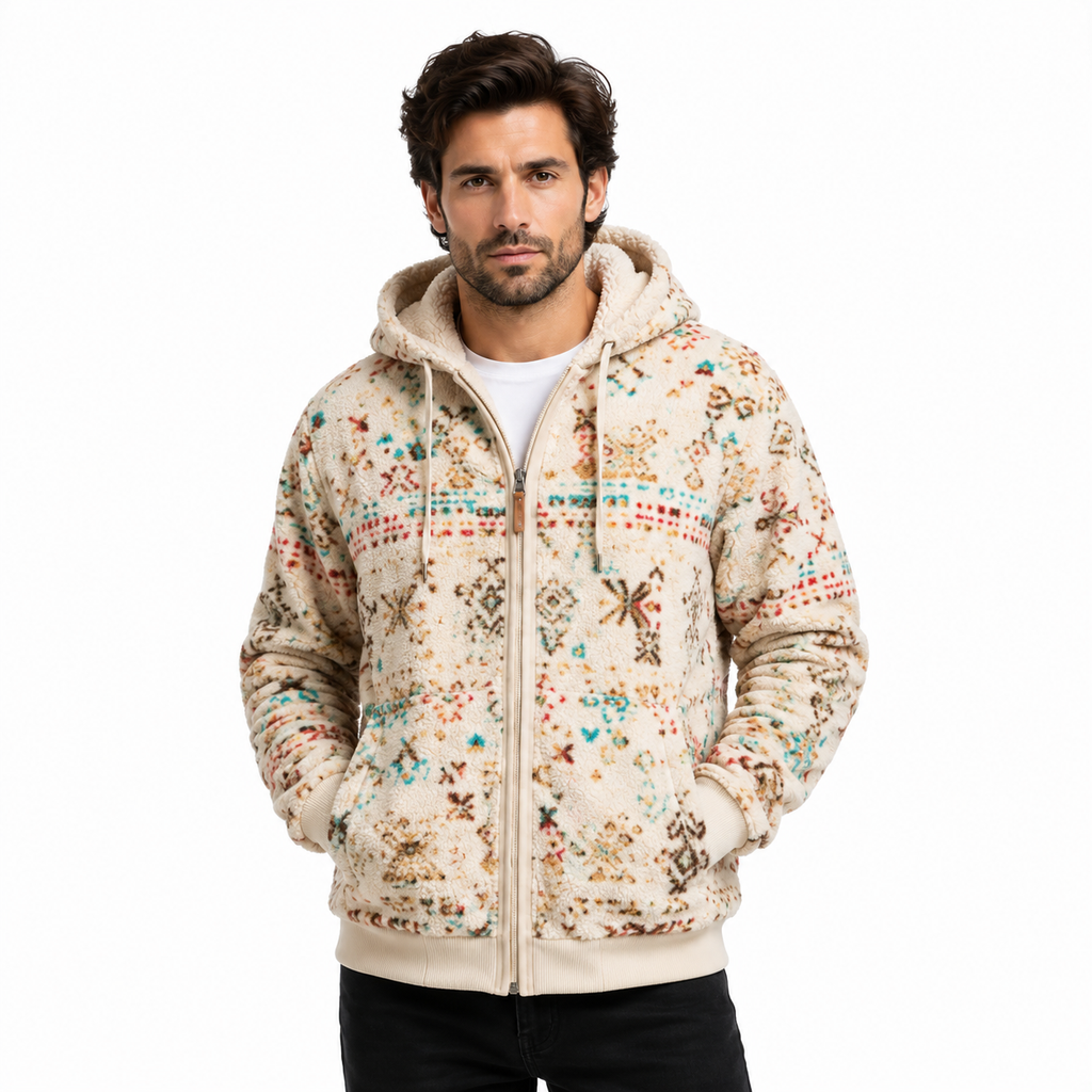 Men's Beige Aztec Sherpa Fleece Hooded Jacket