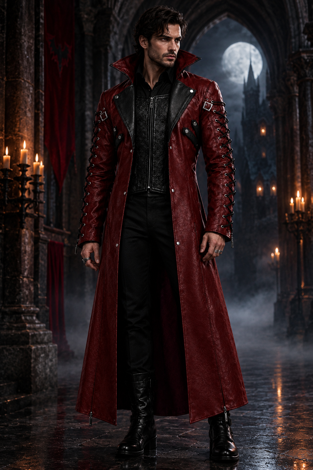 Men's burgundy gothic leather trench coat vampire lace up long coat